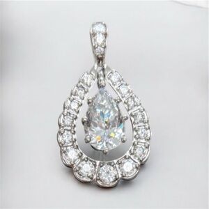 Vintage Pendant Silver Crystal Rhinestone Pear Shape Halo Teardrop